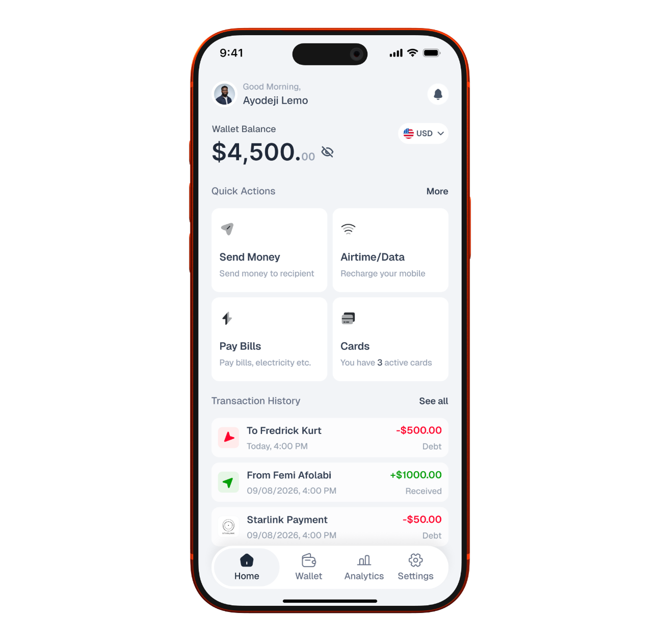 Moneva mobile app showing wallet balance and quick actions
