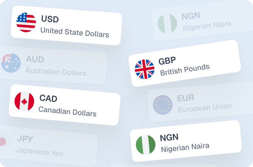Currency wallets for US dollars, British pounds, Canadian dollars and Nigerian naira