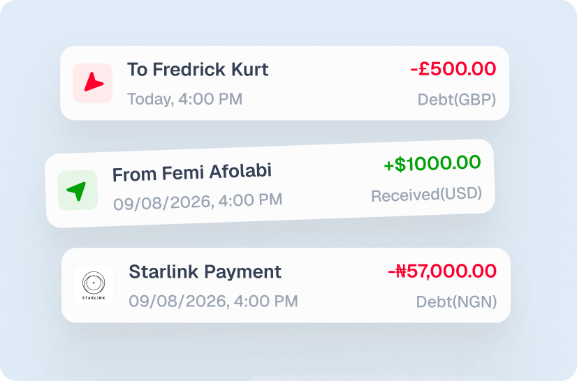 A clear transaction history with payments in pounds, dollars and naira