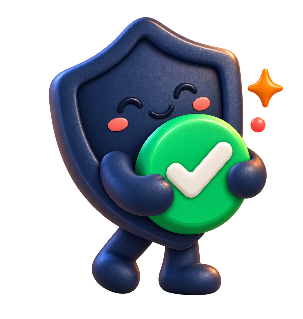Friendly shield character holding a verified token