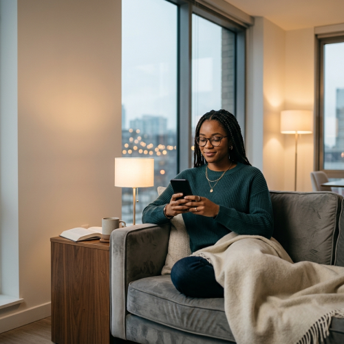 Woman comfortably using her phone at home